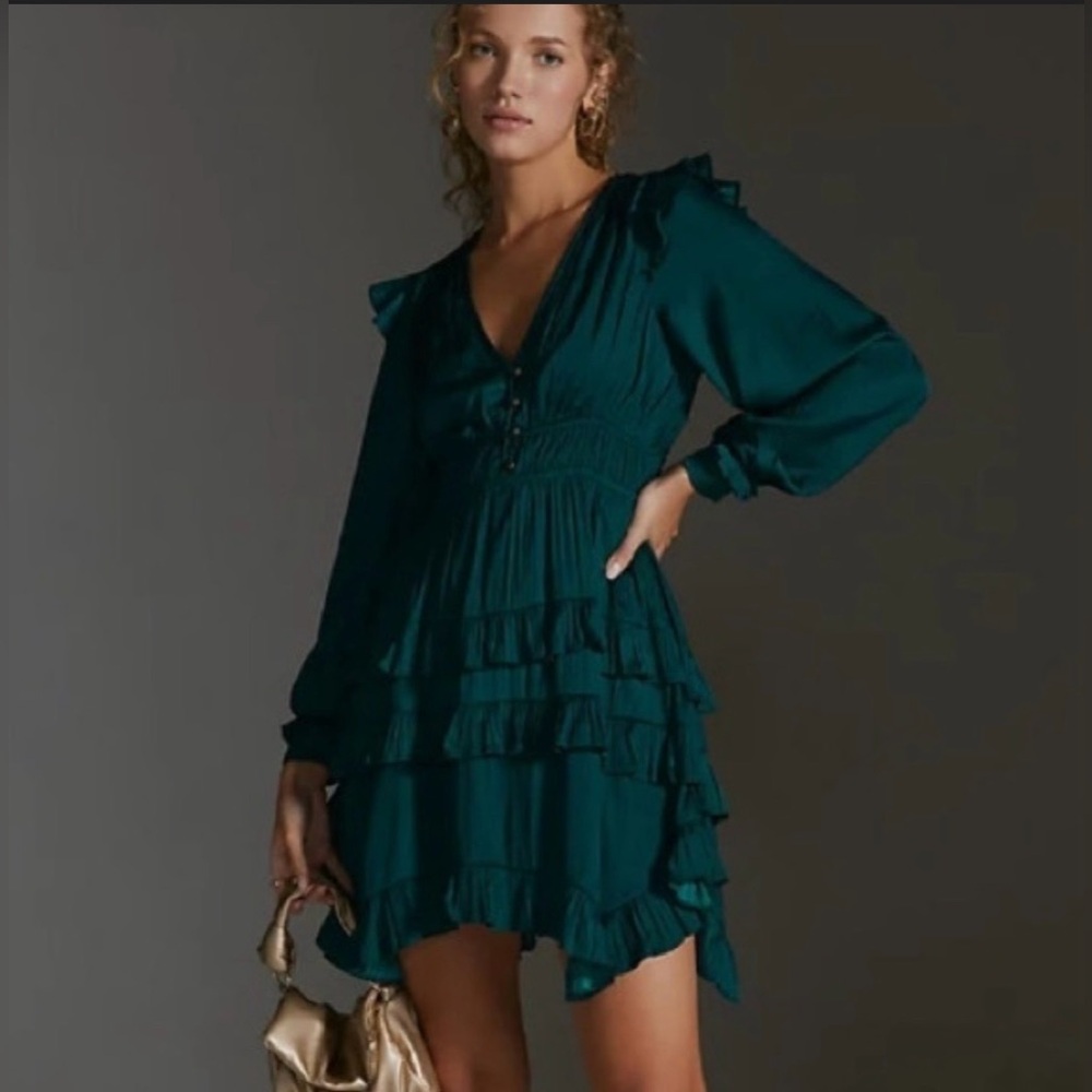 Anthropologie Emerald Ruffle Tiered V-Neck Mini Dress